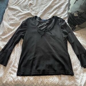 Reitmans Black V-Neck Blouse with Tie Detail